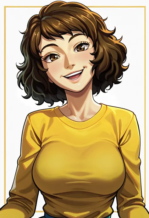 score_9, score_7_up, 1girl, solo, kawakami sadayo, yellow sweater, presenting, looking at viewer, head tilt, smile, happy, mature female