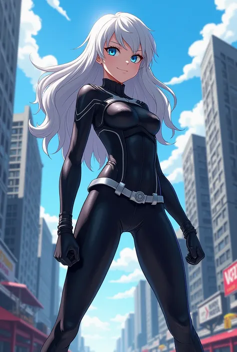 Boku no hero academia template a  girl with long white hair and blue eyes wearing a superhero uniform (one black)