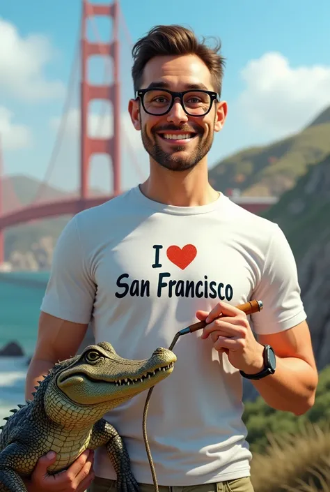 man with glasses with white shirt writing "I love San Francisco" holding an alligator by the rope