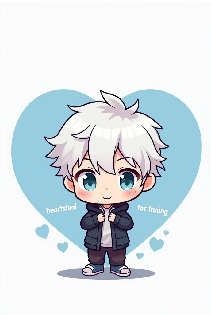 Create an image for Avatar in the style of a male chibi character with white hair,must be have featuring the text HeartSteal and smaller text TOC TRUONG , font "arrival" with the dominant color being light blue for the heart.i