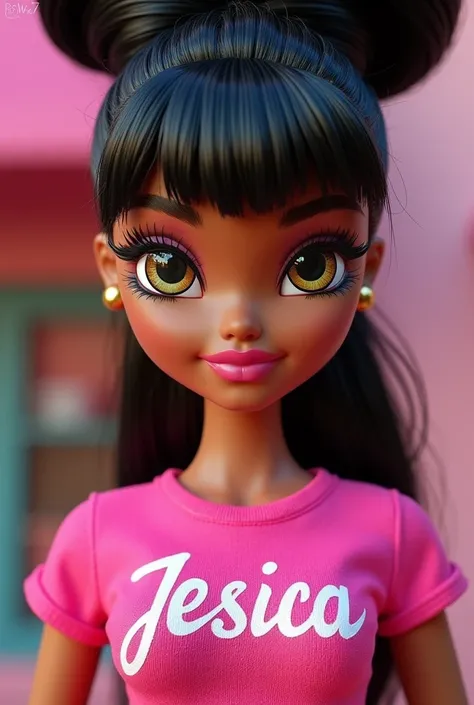 A Bratz doll with black hair tied up in a big bun and bangs, she has light honey-colored skin, she wears a fire pink shirt that has her name "Jesica" on it.
The doll can be seen from the navel up.