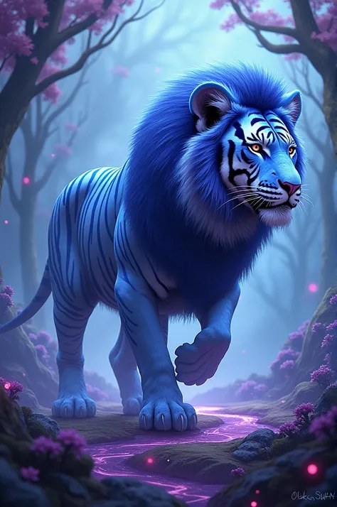 Make a drawing with a mixture of lion and tiger with the colors blue and purple 