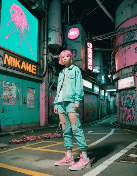 dynamic cinematic 8k, realistic, pastel teal pink tracking shot wideshot fisheye wabi sabi a japanese streetwear punks  citizens...