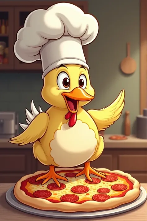 A bird, long white cooking hat, twisting a huge pizza, cartoon style 