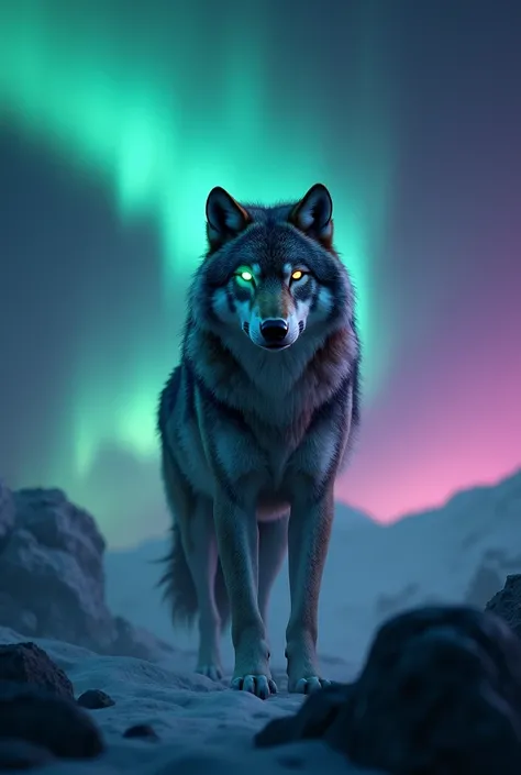 a fierce wolf with glowing eyes, majestic aurora borealis in the background, dramatic lighting, cinematic composition, hyper realistic, epic fantasy, vibrant colors, 8k, best quality, highly detailed, photorealistic