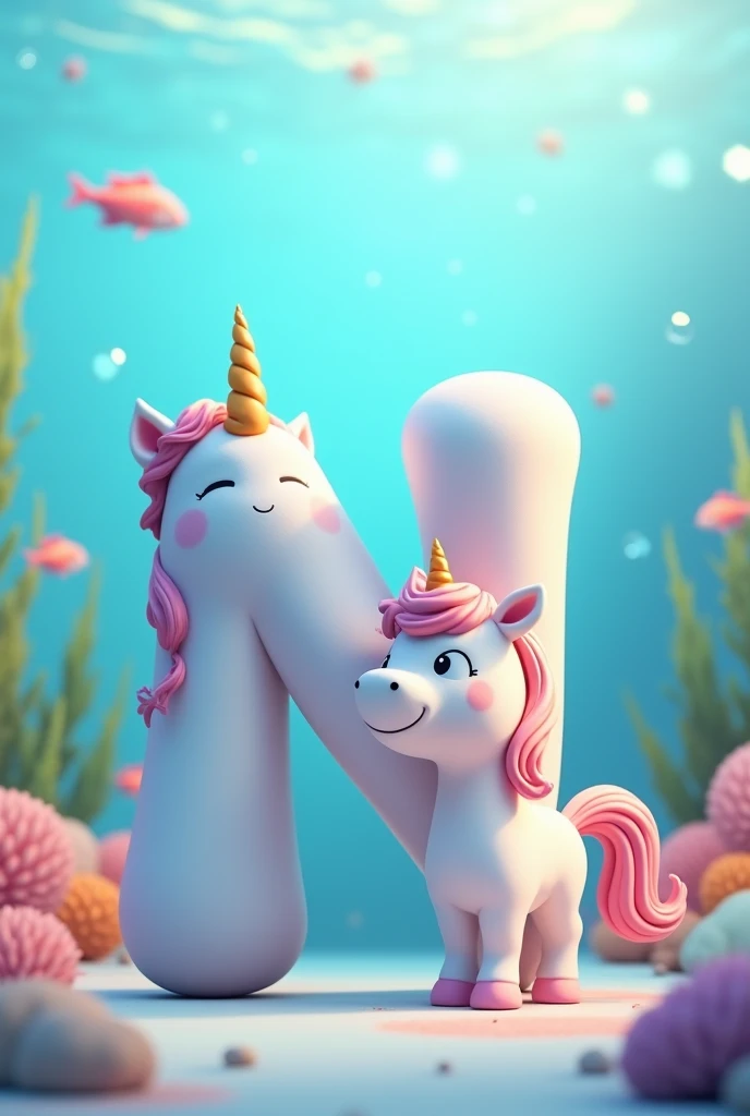 Image of letter N, with a unicorn standing next to it, 3D animation design, Cute,swimming landscape