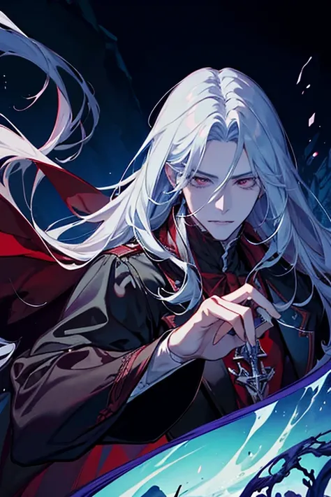 I WOULD LIKE YOU TO MAKE AN IMAGE OF A CHARACTER CALLED ALUCARD FROM THE GAME Castlevania Symphony of the Night, him in front with all his perfect glory and his father Dracula behind in the blurred background and the castle very evident and a vast forest a...