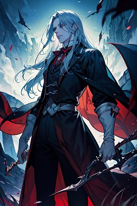 I WOULD LIKE YOU TO MAKE AN IMAGE OF A CHARACTER CALLED ALUCARD FROM THE GAME Castlevania Symphony of the Night, him in front with all his perfect glory and his father Dracula behind in the blurred background and the castle very evident and a vast forest a...