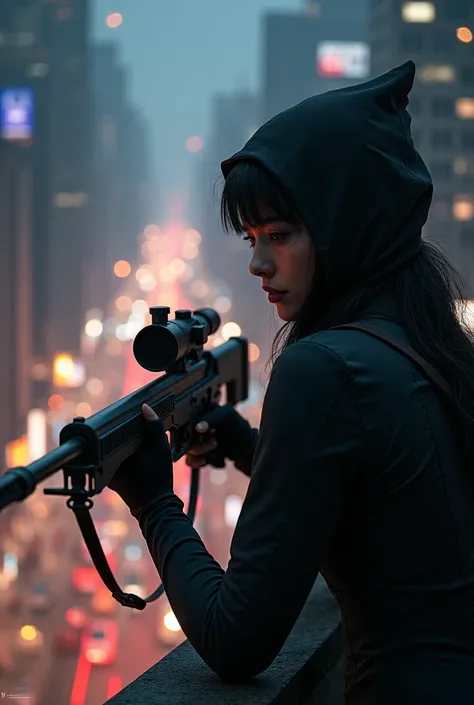 A beautiful girl assassin, lying down in a prone position, targeting an enemy in the distance with a long-range sniper rifle, on the rooftop of the city center looking down on a populated marketplace at night, ambient lights from buildings and the city, pe...