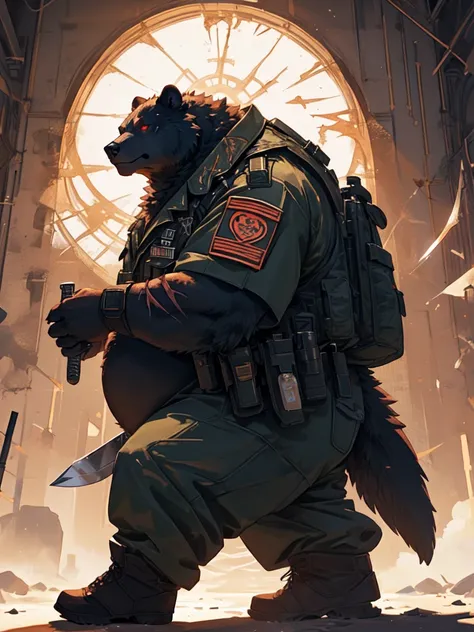 Very Extremely obese Grizzly Bear with very extremely massive belly, wears boots, wears military special forces outfit, holding a knife, scars on the face, side view, extremely massive belly, red eye, fighting pose, Looking at viewer 