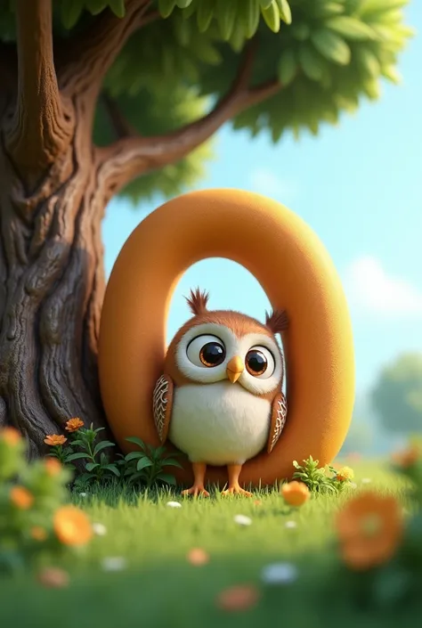 Image of letter O, with an owl standing next to it, 3D animation design, Cute,landscape standing on tree