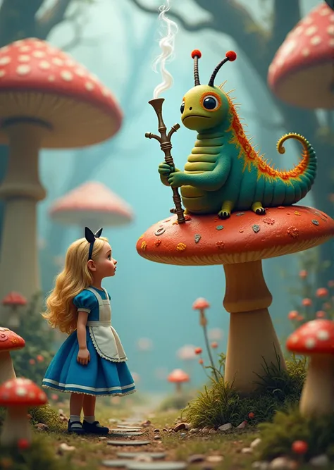 Alice in Wonderland stands next to a huge mushroom, a caterpillar sits on a mushroom and smokes a hookah