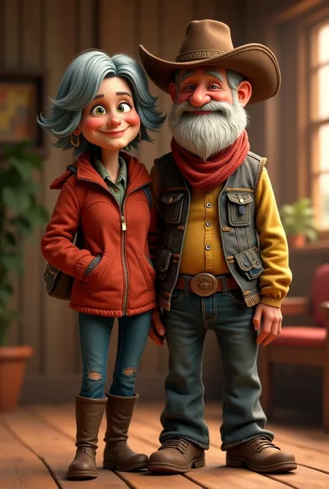 Pixar, boring old couple, old white rocker lady with black short hair and full body and old dark haired cowboy with hat and full body


