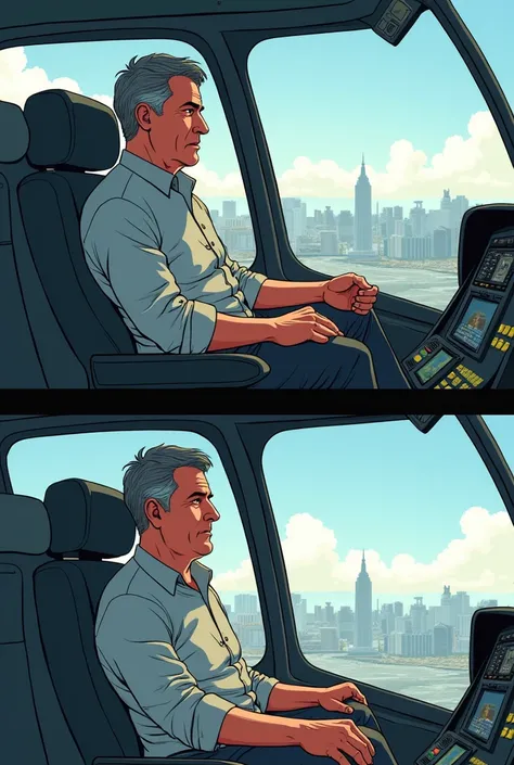 A 2 panel comic of a man scared on a helicopter then the next panel he is relaxed