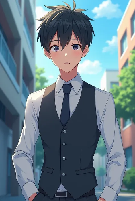 ,
Male,
White dress shirt with charcoal waistcoat,
Hacker,
59,
Slim and lanky.

Highschool student.

Anime style.