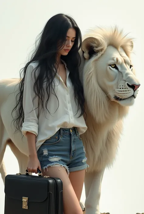 The back of a woman with long black hair wearing denim shorts and a white blouse, In her hands she carries a briefcase and a white lion sitting next to her 