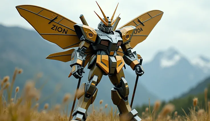 8k，very carefully，Mobile Suit Gundam，in the real world，The armor is carefully crafted，There are huge wings on the back，Combination of mecha and beetle，Every part of the body has the characteristics of a beetle，The left shoulder armor is clearly engraved wi...