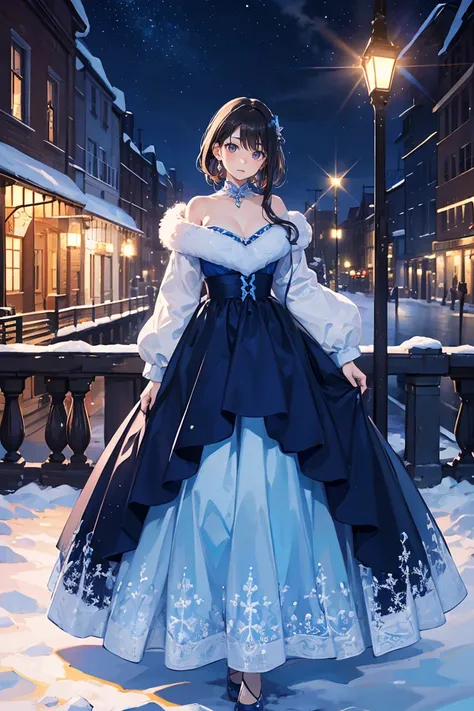 Best Quality, Super detailed, (Ultra-high resolution,8k), Ultra-high definition 4K, A beautiful, young woman personified as a January birthstone, wearing a gown of deep blue velvet, standing in a winter wonderland.