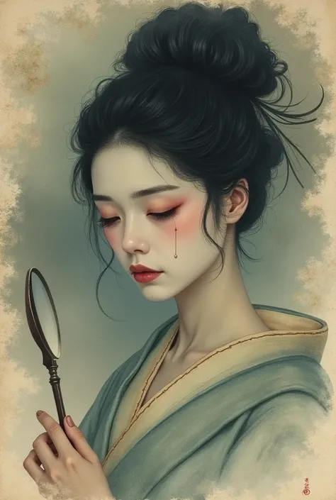 Watercolor、Old paper texture、Damaged Paper、Old style、Faded color、Courtesan of Edo、Facing forward、Close-up of face、Thick Fog、composition、Golden Ratio、Functional、grace、detail、background、Soft colors、Blurred Lines、A prostitute uses a hand mirror、The moment you...