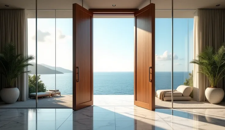 Create a hyper-realistic image, facing the main door of a luxury apartment with sea view. The modern wooden door is open, centered in the image, framing the stunning ocean landscape ahead. Beyond the door, large glass windows allow for a wide and stunning ...