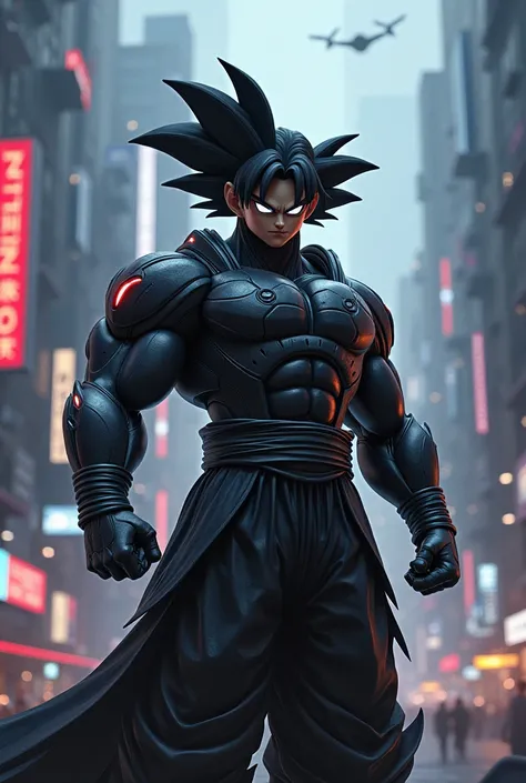  Goku dark warrior in a cyberpunk universe with futuristic aspects