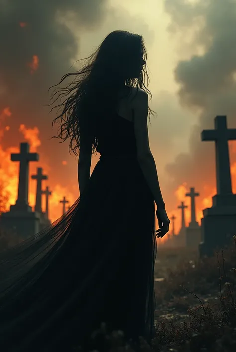 The shadow of a woman with long hair in a cemetery consumed by fire and ashes in the background of the cemetery 