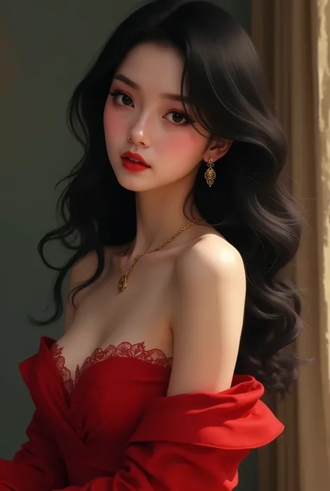 1girl, solo, breasts, looking at viewer, black hair, dress, bare shoulders, jewelry, earrings, necklace, black eyes, lips, red dress, realistic