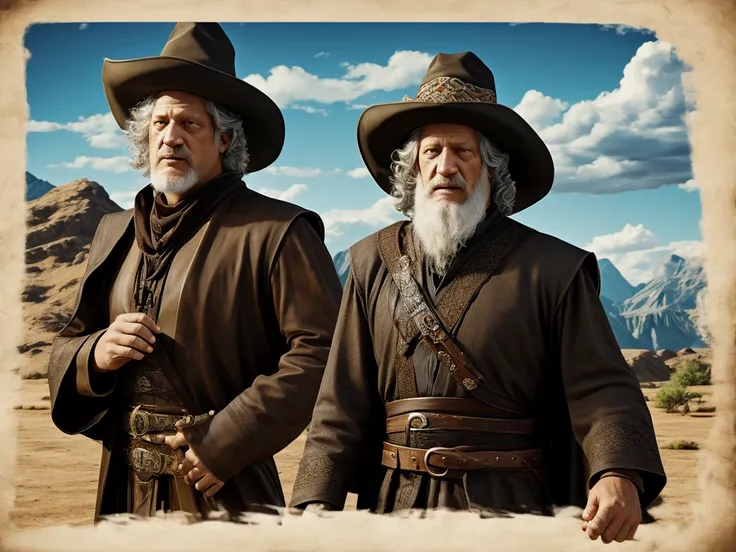 Clancy Brown as a cowboy wizard, wearing a wizard hat that looks like a Stetson, plain background, Pathfinder art style