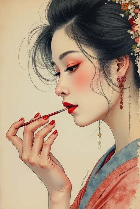 Watercolor、Old paper texture、Damaged Paper、Old style、Faded color、Courtesan of Edo、Facing forward、Close-up of face、Thick Fog、composition、Golden Ratio、Functional、grace、detail、background、Soft colors、Blurred Lines、The fingertips of a prostitute applying rouge、...