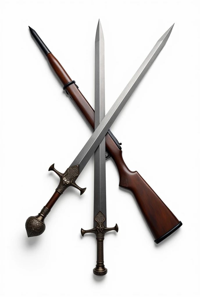 Cross Winchester gun with saber word in the middle and white background 