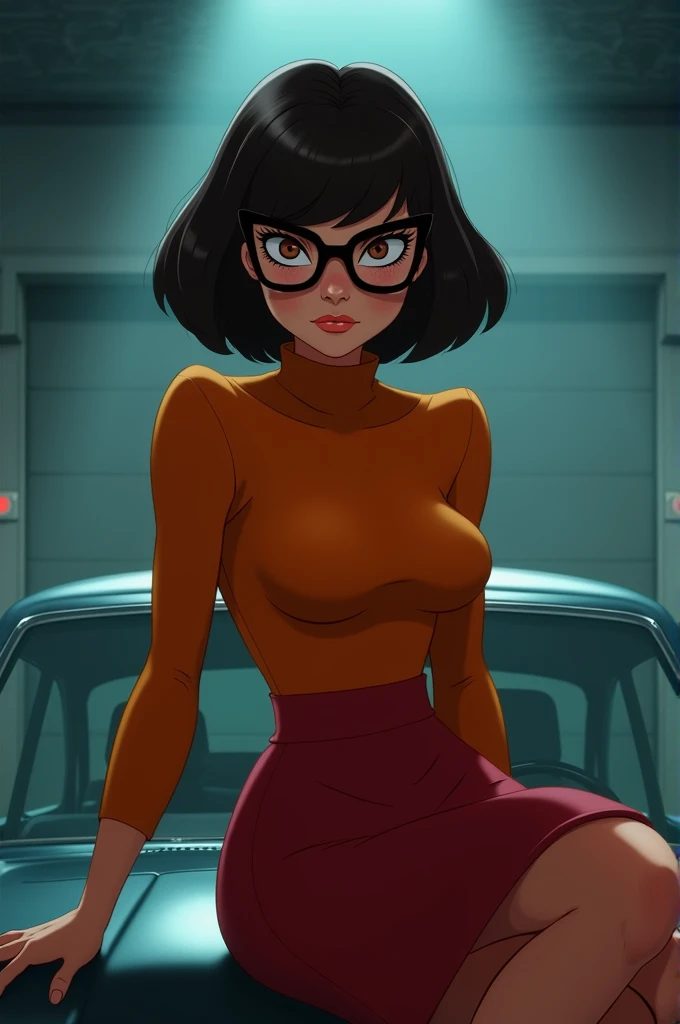 1girl, Velma from scooby-doo, solo, fat (fat body), brown hair, black eyes, square glasses, orange turtleneck blouse and red skirt, eyeliner, looking at viewer, lips, black bob cut, blunt bangs, blush, standing, upper body, face focus, outdoors, horror (th...