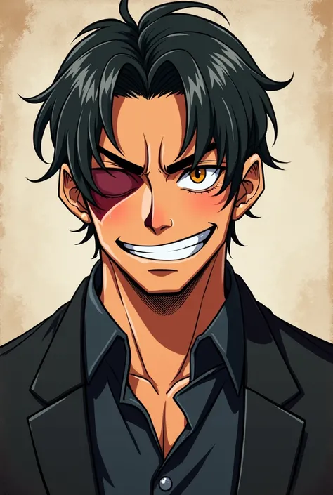 Anime character, moreno, a little cardboardy, with a scar on his left eye in the shape of an X, smiling and wearing a black suit