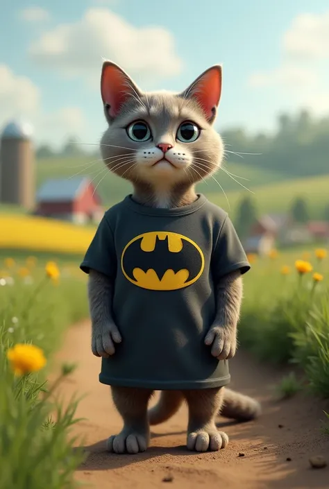 3d cat with batman t-shirt standing on farm