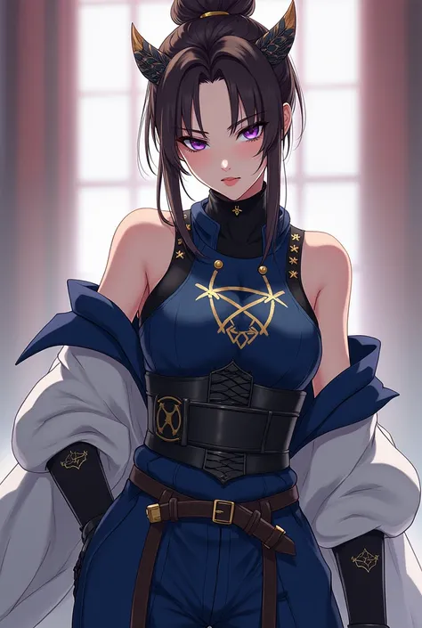 Hikari Yukiji is an extremely beautiful woman with fair skin and a slender figure., Her hair is dark brown and is styled in a high bun at the back and a pair of braids on each side of her face that form an arch around her ears and end up attached to the bu...