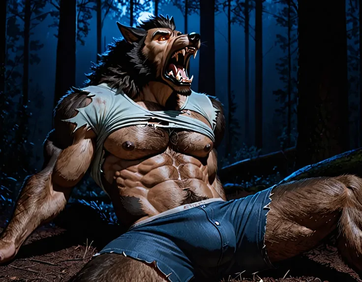 Man transforming into werewolf, in pain, ripping shirt, jeans, boxers, bulge, pecs, nipples, low light, forest, thin, fur, laying