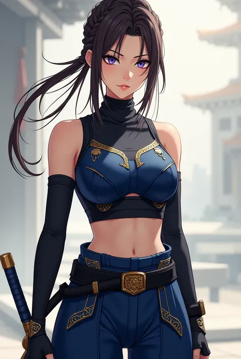 Hikari Yukiji is an extremely beautiful woman with fair skin and a slender figure., Her hair is dark brown and is styled in a high bun at the back and a pair of braids on each side of her face that form an arch around her ears and end up attached to the bu...