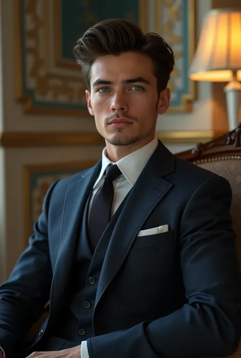 Handsome man of about 2, with black hair, Blue eyes, intense and penetrating look, dressed in a smart three-piece suit, sitting magnificently in an elegant room 