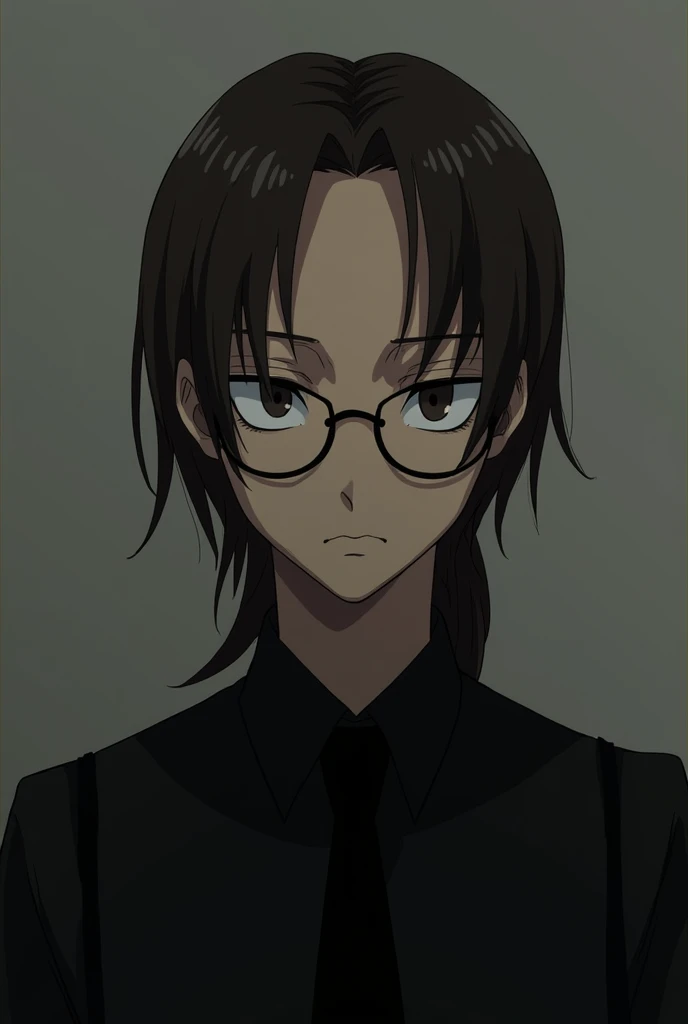 A tall guy about 1. Dark brown hair just below the shoulders, tied in a low ponytail at the back, two strands of hair are released from the tail in front. On the face are glasses with a round frame, empty, squinting gaze with dark brown eyes, small under t...