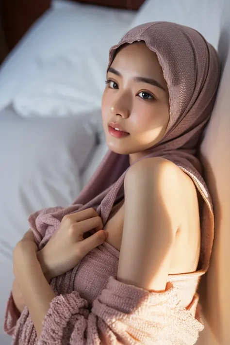 Masterpiece, Top Quality, Super Detail, 8K, Detailed Light, Detailed Shadows, RAW, (Detailed Skin), (Real: 1.2),, 1 Asian girl, face, (20 years old), wearing hijab, sleeping on a plush bed, wear muslimah dress big hug breats