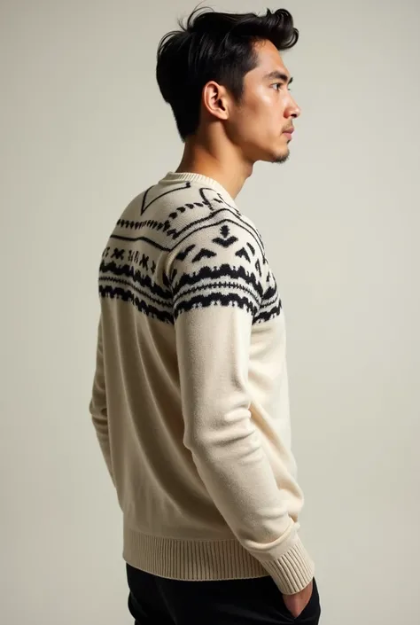 Create me a sweater with Peruvian details that is minimalist but that young people like, that the model is a man and shows the side of the back 
