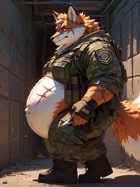 Very Extremely obese Fox with very extremely massive belly, wears boots, wears military special forces outfit, holding a knife, scars on the face, side view, extremely massive belly, red eye, fighting pose, Looking at viewer 