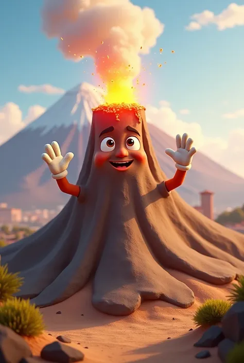 Misti Volcano of Arequipa animated in friendly cartoon format with two hands and white gloves and waving to the front "Welcome travelers" 