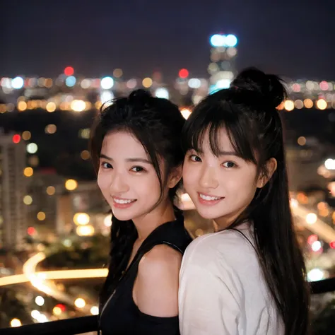 two smiling girls、night view in the background、one girl、black hair ponytail、he&#39;wearing a red hoodie、the letter r is written....