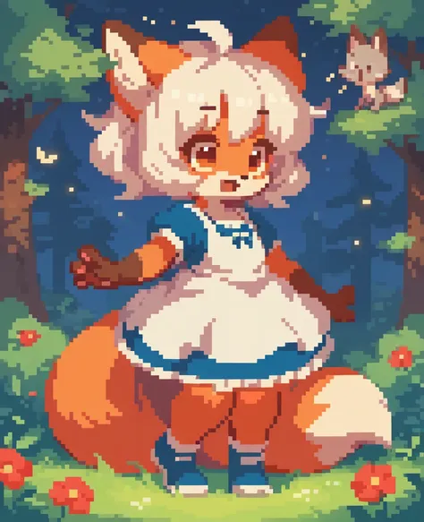 1girl, furry, fox, gray fur, white hair, cute dress, kid, cute fox, cub, on the forest, night