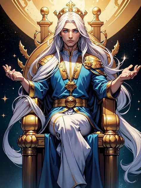 a young god man, long white hair, smooth and hydrated , golden laurel crown on his head, blue eyes, wearing blue priest's clothe...