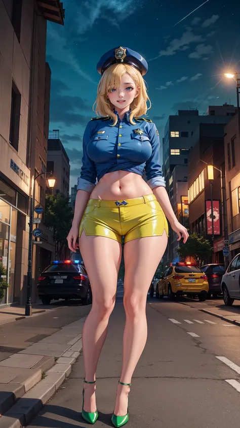 blonde, Blue colored eyes,Hair over one eye,  
Compensate, Lips Curled Eyelashes, 
Standing alone, trunk, Standing,  smile, 
night, Streets etc.., Cityscape, carriage,  
Police uniform, Police hat, Stomach,  Yellow and green shorts, Green High Heels,  blac...