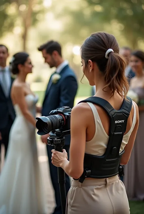 A woman is standing in one place with a video camera with a Sony camera on it, but her camera is held by a holder or a lever that is like a baby&#39;s hug, which makes the camera lighter and makes it easier for her to shoot. The lady is filming a bride and...