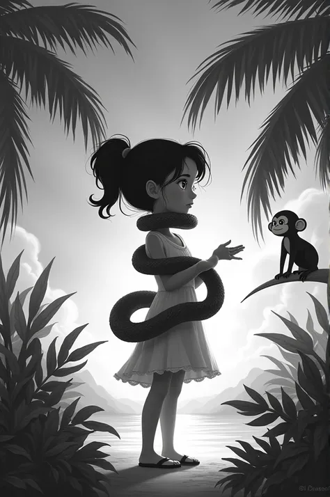 Various images of a black and white animated girl with a snake coiled around her neck and a monkey on a palm tree on an island 