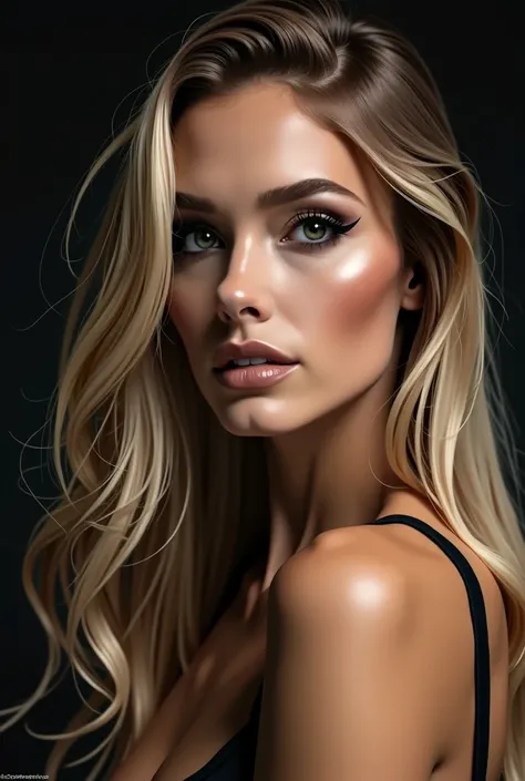 Photo of European woman, photorealistic, high quality, beautiful face, blonde balayage hair, long straight hair, 2, ultra contrast, tanned skin, the most beautiful girl, black smokey eye shadow, full body, extremely realistic.