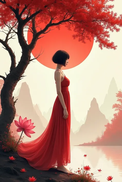 Detailed Texture, high quality, High resolution, High precision, realism, Color Correction, Correct Lighting Settings, Harmonious composition. Chinese style, Red and white color scheme, Standing under a tree、With short hair person、Surrounding it is an ink ...